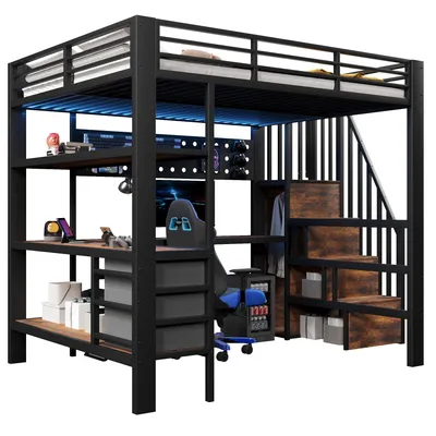 Produktbild von Hochbett mit RGB LED-Streifen, Regal, Schreibtisch, Schubladen und Wandgitter, 140x200 cm, Treppe mit offenem Kleiderschrank, Kinderbett, Metallbett