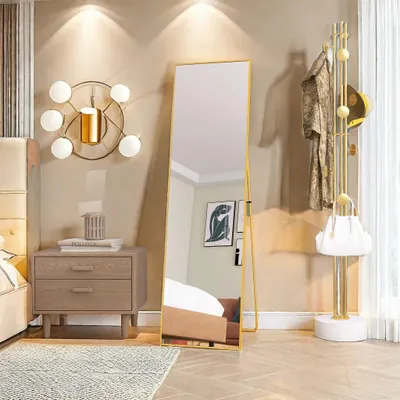Zdjęcie produktu dla Pełnowymiarowe lustro 140 x 40 cm, wolnostojące, wiszące lub pochylone, duże lustro podłogowe ze złotą ramą ze stopu aluminium do salonu lub sypialni, prostokątne