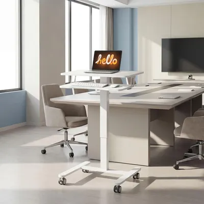 Produktbild von Höhenverstellbarer Schreibtisch mit Rollen, Stehschreibtisch, Tastaturablage, Weiß | 65 x 60 cm | 71–107 cm | bis 15 kg