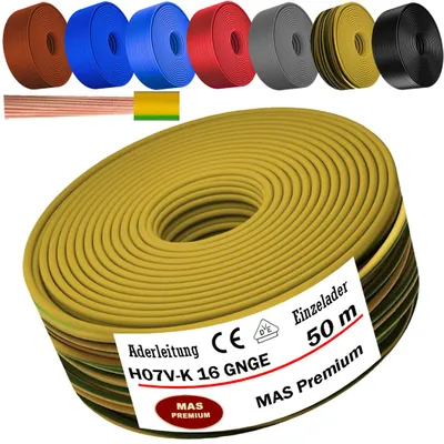 Image de Câble d'alimentation de 50 mètres, type H07 V-K, couleur vert-jaune, section 1x16 mm², monoconducteur, flexible