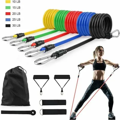 Obrázek produktu pro Sada fitness pásků 11 v 1, odporové pásky s celkovou zátěží až 100 liber, sada 5 pásků / gymnastické pásky, rukojeti, kotníkové popruhy, dveřní úchyt a taška na přenášení, pro posilování / domácí posilovnu / jógu / pilates