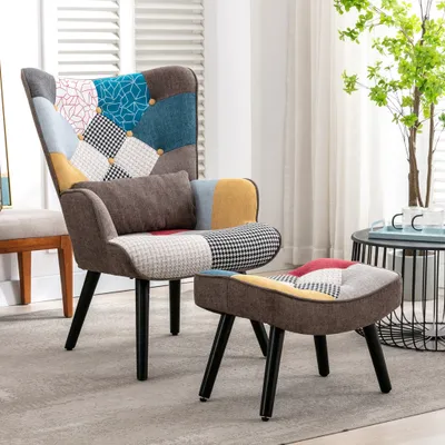 Image de HomeMiYN Fauteuil en lin imitation broderie multicolore avec repose-pieds, marron