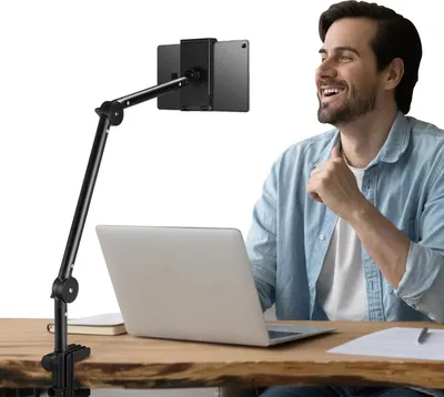 Produktbild von Tablet- und Handyhalter - Bett-Halterung mit Arm - 360° drehbar - Verstellbar - Aluminiumlegierung - Klemmhalterung - Mit Ladefunktion - Olivgrün