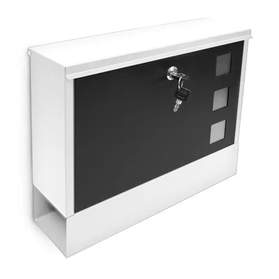 Zdjęcie produktu dla Skrzynka na listy Relaxdays z przegródką na gazety, HBD: 30 x 36 x 10 cm, metalowa, z 2 kluczykami, nowoczesna skrzynka pocztowa, biała/czarna