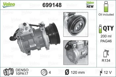 Produktbild von VALEO 699148 10PA17 Klimaanlage Klimakompressor PAG 46 R134a für BMW 3 Limousine (E36) 3 Coupe (E36) 5 Limousine (E34) 3 Touring (E36) 5 Touring (E34)