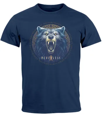 Produktbild von Herren T-Shirt Aufdruck Bär Berserker Wikinger Nordmänner Mythologie Runen Printshirt Neverless® navy 4XL