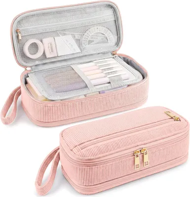 Produktbild von Mäppchen Federmäppchen aus Cord-Stoff, Federmappe mit großer Kapazität, Mäppchen Mädchen für Mädchen, Jungen und Erwachsene, ideal für Schule, Hochschule und Büro (Rosa)