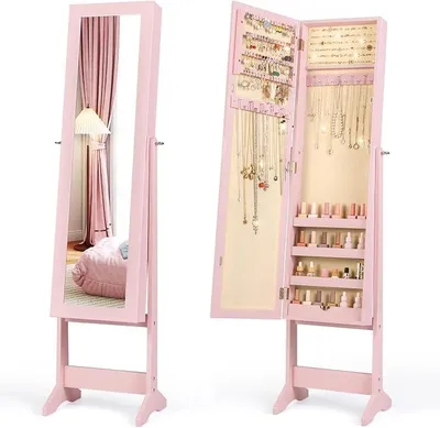 Imagen del producto de Espejo de cuerpo entero con armario para joyas, soporte para joyas abatible (rosa)
