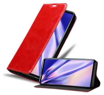 A red flip case for a smartphone is shown with the phone inside, displaying a colorful abstract wallpaper.