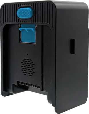 A black electronic device with blue accents, likely a battery pack or accessory, is shown against a white background.