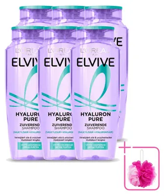 Immagine prodotto di 6 flaconi di shampoo L'Oréal Paris Elvive Hyaluron Pure, 250 ml ciascuno, confezione risparmio, 6 pezzi