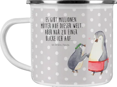 Produktbild von Mr. & Mrs. Panda Emaille Tasse Pinguin mit Kind - Grau Pastell - Geschenk, Pott, Familie, Kaffeepott, Teetasse, Muttertag, Mom, Vorbild Mama, Motivtasse