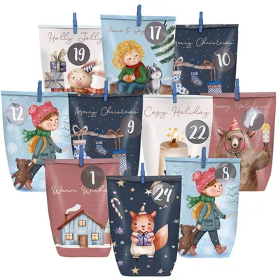 Immagine prodotto di Calendari dell'Avvento da riempire, confezione da 24 pezzi, con adesivi numerati e graffette, sacchetti di carta, colore blu