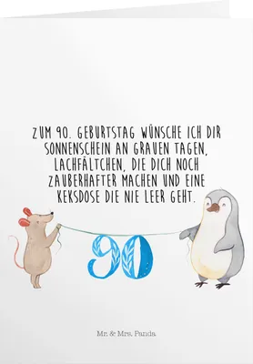 Produktbild von Mr. & Mrs. Panda Geburtstagskarte 90. Geburtstag Maus Pinguin - Weiß - Geschenk, Torte, Geburtstagskarten, hochzeitskarten, Happy Birthday, einladungskarten, Kuchen