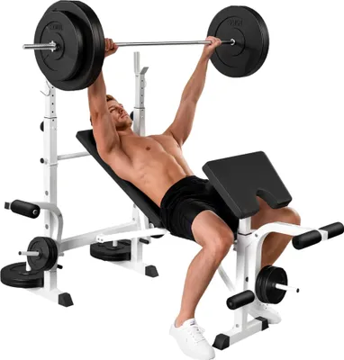 Produktbild von Trainingsbank mit Langhantelablage - A91-208 - Verstellbare Neigung - Beinstrecker - Preacher-Curl - Für Armtraining - Gewicht 20–25 kg - Weiß