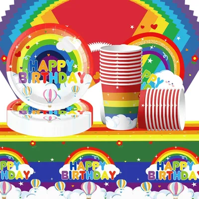 61-teiliges Regenbogen-Partygeschirrset für Kindergeburtstag