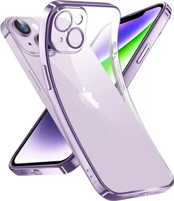 A clear protective phone case with a purple tint is shown on a white background, with a phone partially visible underneath.