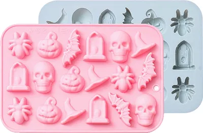 Obrázek produktu pro Gumová lebka Netopýr Wich Hat Dýně Candy Formy Silikon, 2-Pack 36 dutin Non Stick Lebka Silikonové formy s 1 kapkou pro čokoládu, cukroví, želé, kostky ledu, psí pochoutky