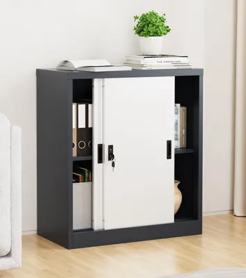 Produktbild von VCM Metall Büroschrank H. 90 x B. 80 x T. 40 cm / Aktenschrank Büromöbel für Ordner / Stahlschrank abschließbar / Schiebetürenschrank Malivo 2 fach mit Schiebetüren