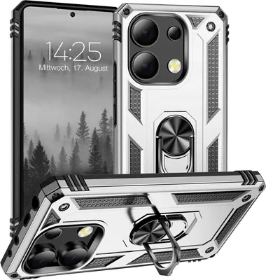 A silver and black phone case with a ring holder is displayed in multiple angles, showcasing its design and features.