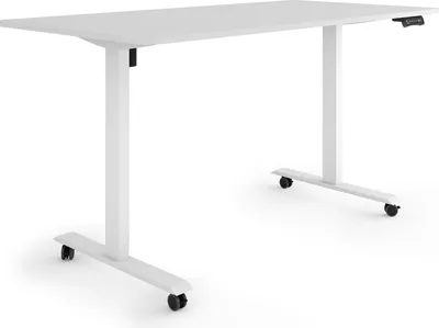 Produktbild von ESMART Germany ETX-121WG 160x80cm Hellgrau Ergonomischer Steh-Sitz-Schreibtisch auf Rollen Stufenlos elektrisch höhenverstellbar 78,5-128,5cm 3 x Memory Aktivitätserinnerung Soft-Start/Stopp