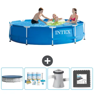Produktbild von Intex-Schwimmbecken mit rundem Rahmen – 305 x 76 cm – Blau – im Lieferumfang enthalten Abdeckung - Wartungspaket - Filterpumpe für Schwimmbad - Bodenfliesen