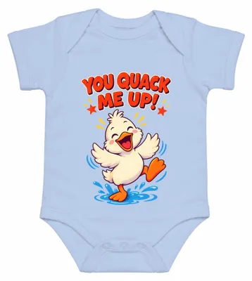 Immagine prodotto di Body per neonato, colore azzurro chiaro, taglia 0/3 mesi, con la scritta "You Quack Me Up" e l'immagine di un simpatico anatroccolo