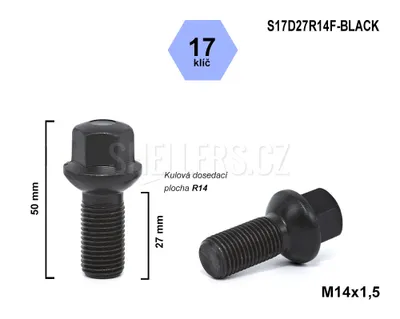 Obrázok produktu pre Skrutka kolesa M14x1,5x27 guľa R14, kľúč 17, S17D27R14F-BLACK čierna, výška 50