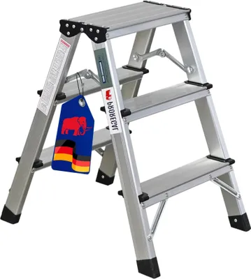 A silver aluminum stepladder with a tag attached.
