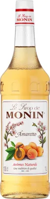 A bottle of Monin Amaretto syrup.