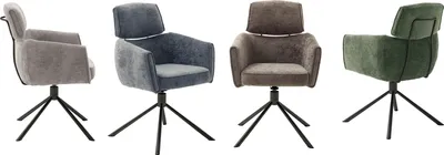 Four chairs of different colors are shown from different angles against a white background.