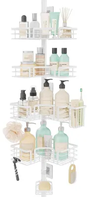 Image de Étagère de douche télescopique en acier inoxydable blanc, réglable en hauteur de 70 à 275 cm, sans perçage, avec 4 paniers