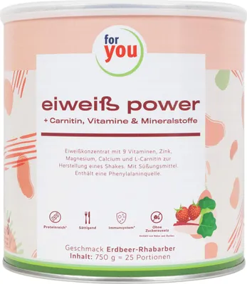Produktbild von for you eiweiß power + Carnitin + Zink Erdbeer-Rhabarber Pulver, 750 g Pulver