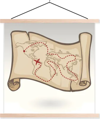 Produktbild von MuchoWow® Textilposter Eine Illustration einer Piratenweltkarte 60x60 cm mit holzfarbenen Rahmen - Wanddekoration