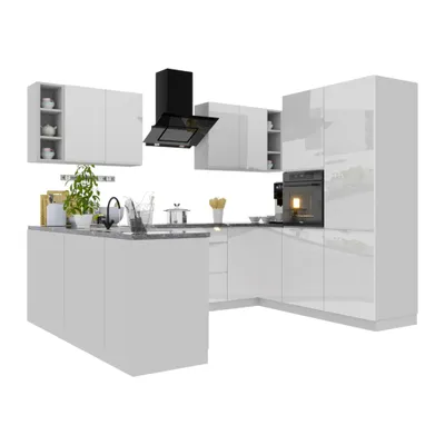 Produktbild von Winkelküche – U-Küche 260 x 210 x 210 cm Glanzia – KU-S12 – Weiß Hochglanz – Ohne Arbeitsplatte & Elektrogeräte – Eckküche Küchenblock Einbauküche