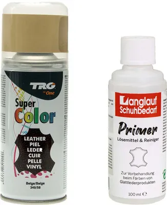 Produktbild von TRG Lederfarbspray 150ml Dose + Primer Lederreiniger 100ml - Color Spray, Farbspray Schnelltrocknend, Abriebfest - zum Färben aller Glattleder und Kunstleder beige 349/58