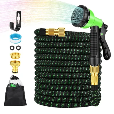 Image de Tuyau d'arrosage flexible - 30 m - Pistolet d'arrosage à 8 jets - Vert