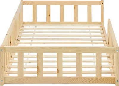 Produktbild von Homestyle4u Kinderbett 90x200 mit Rausfallschutz Natur Bodenbett Montessori Bett Lattenrost Kleinkindbett