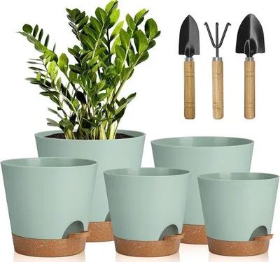 Produktbild von Famanu Blumentöpfe, 5 Stück, Kunststoff, mit Bewässerungssystem, 17,8/16,5/15,2/13,9/12,7 cm, selbstbewässernd, rund, für Innen, Balkon, Garten,