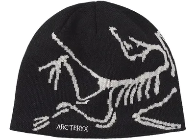 A black beanie with a white skeleton graphic and the Arc'teryx logo.