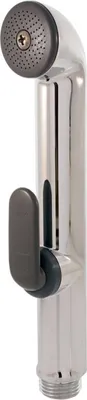 A close-up studio shot of a chrome bidet spray head with a gray handle.