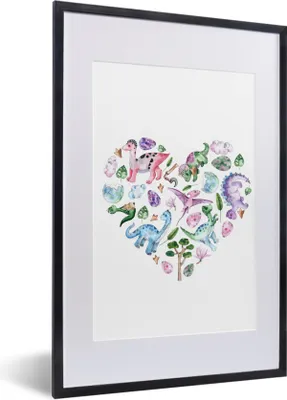 Produktbild von MuchoWow® Gerahmtes Poster Kinderzimmer - Herz - Dinosaurier - Mädchen - Kinder - Rosa - Kinder 40x60 cm - Poster mit Schwarzem Bilderrahmen Wandposter Rahmen Foto Bilder - Poster in Rahmen