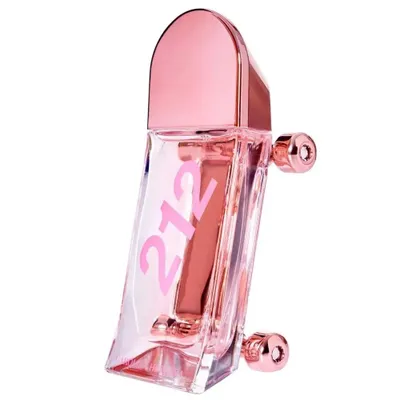 A pink and clear perfume bottle shaped like a skateboard, displayed against a white background.