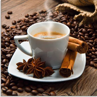 Produktbild von ARTland Glasbild Kaffeetasse Leinensack mit Kaffeebohnen Größe: 50x50 cm