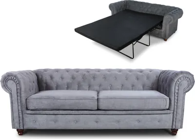 Produktbild von Schlafsofa Chesterfield Asti Bis 3-Sitzer, Sofa mit Schlaffunktion, Couch 3-er, Couchgarnitur, Sofagarnitur, Holzfüße - Glamour Design (Grau (Capri 09))