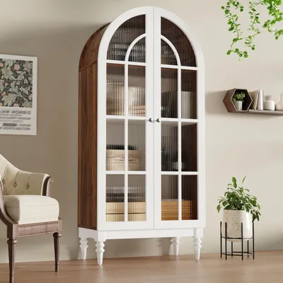 Immagine prodotto di Armadio alto a giorno con ante in vetro, ideale per cucina e soggiorno, mobile da cucina con finitura effetto legno, credenza 76x38,5x165 cm, bianco