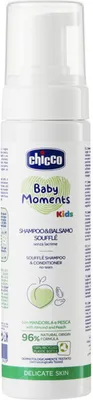 Zdjęcie produktu dla Szampon i odżywka dla dzieci Chicco Baby Moments, przeznaczone dla delikatnej skóry, od 0 miesiąca życia, pojemność 150 ml