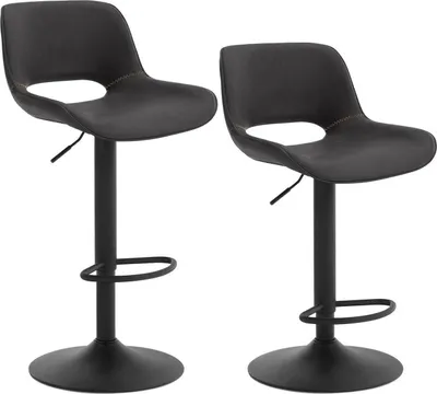 Two black bar stools on a white background.