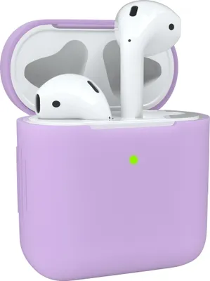 A close-up shot of a purple silicone case for AirPods with the lid open, revealing white AirPods inside.