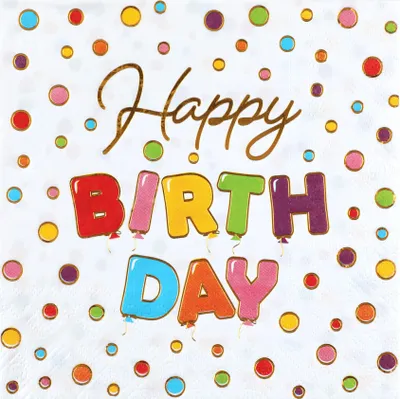 Zdjęcie produktu dla 20 Servietten Happy Birthday Punkte bunt gold